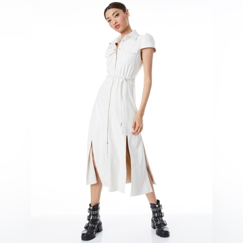 Alice + Olivia Miranda faux leather dress with braided belt, off-white size 10